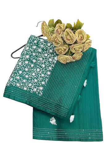 Ficuster Premium Tussar Silk Fabric with Handcrafted Floral Applique & Zari Detailing