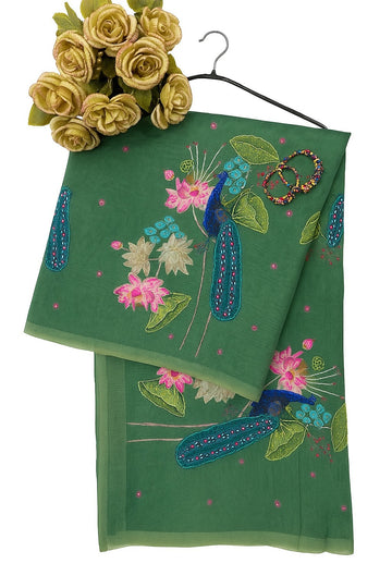 Ficuster Green Soft Organza Saree with Hand Embroidered Floral Applique and Sequin Work