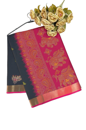 Ficuster Black Silk Saree with Rich Magenta Border & Golden Elephant Motifs