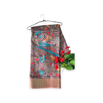 Ficuster Premium Tussar Silk Fabric with Handcrafted Floral Applique & Zari Detailing