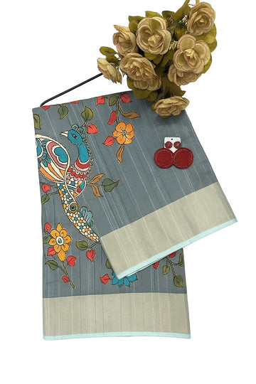 Ficuster Premium Tussar Silk Fabric with Handcrafted Floral Applique & Zari Detailing