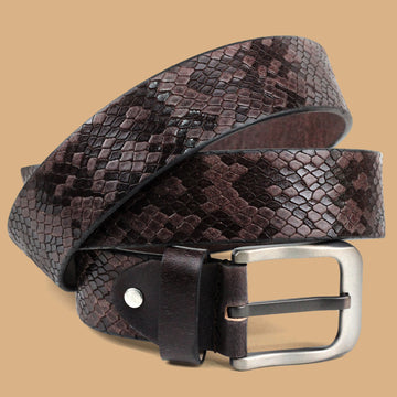 Ficuster Men Dark Brown Snake Print Grain Leather Belt