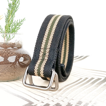 Ficuster Unisex Double Ring Nickel Buckle Black Cotton Canvas Belt