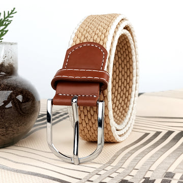 Ficuster Unisex Metal Buckle Beige Elastic Canvas Braided Belt