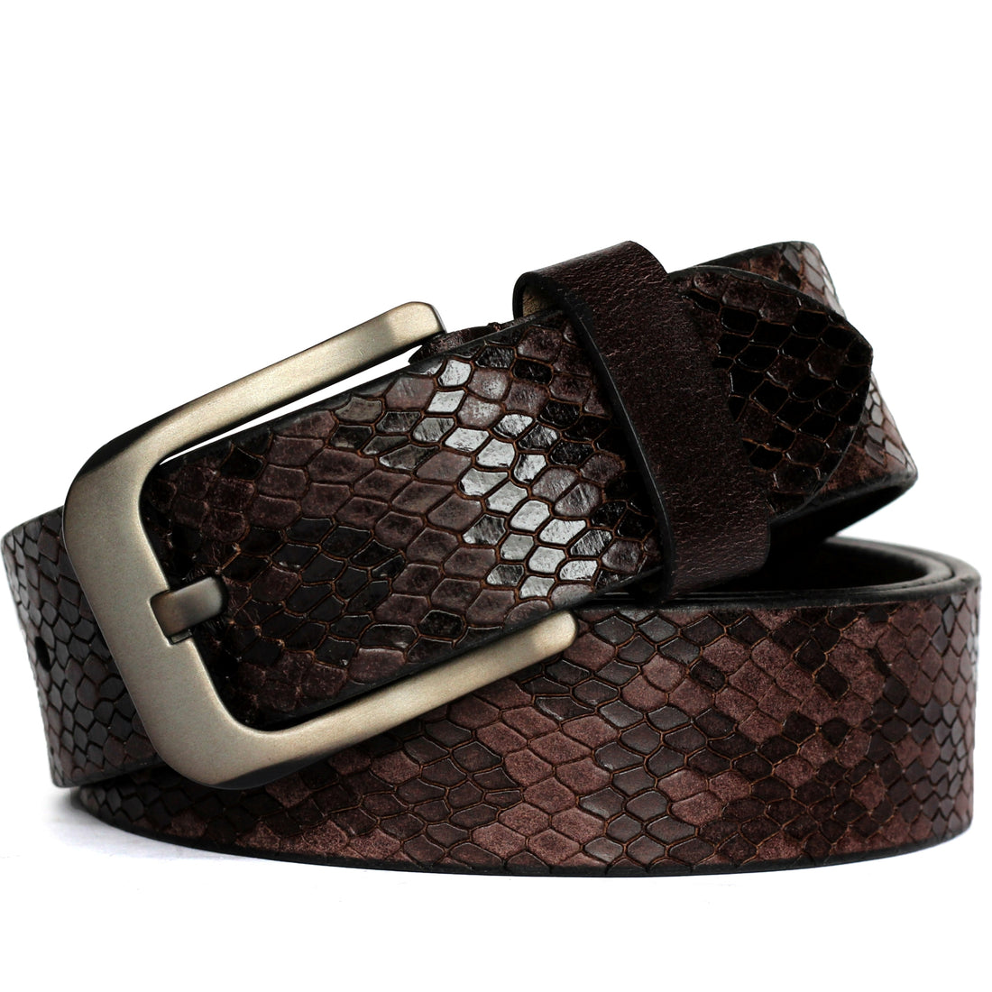 Ficuster Men Dark Brown Snake Print Grain Leather Belt
