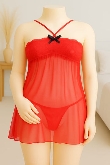 Ficuster Red Off Shoulder Lacy Babydoll Nightwear