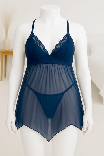 Ficuster Halter Neck Navy Blue Floral Lace Babydoll Nightwear