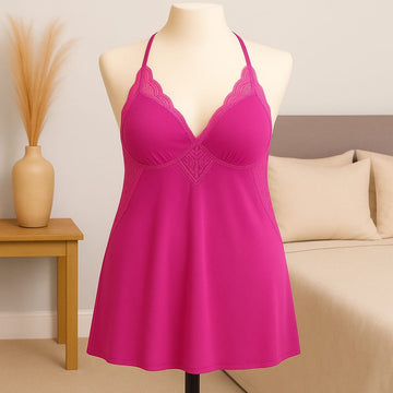 Ficuster V-Neck Dark Pink Padded Babydoll Nightwear