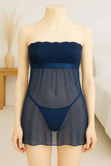 Ficuster Navy Blue Floral Lace Babydoll Nightwear