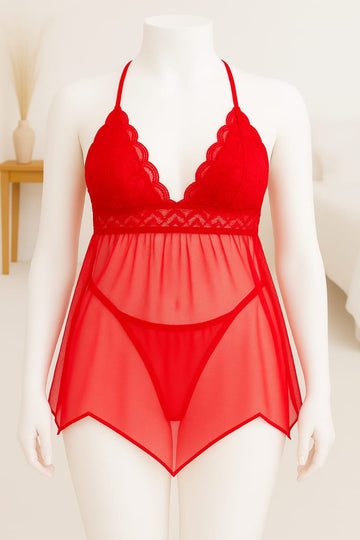 Ficuster Halter Neck Red Floral Lace Babydoll Nightwear