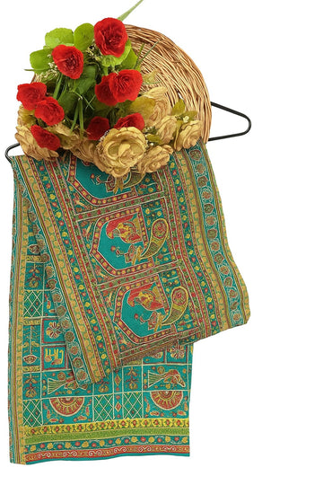 Ficuster Dupion Silk Fabric with Handcrafted Nakshi Kantha Work & Traditional Paisley Motifs