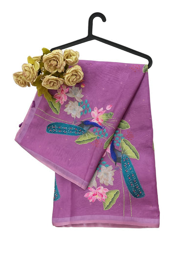 Ficuster Magenta Purple Soft Organza Saree with Hand Embroidered Floral Applique and Sequin Work