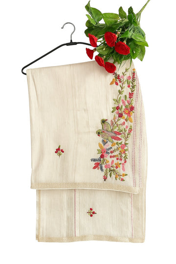 Ficuster Elegant Tussar Silk Saree with Handcrafted Multicolor Birds & Floral Motifs Embroidery