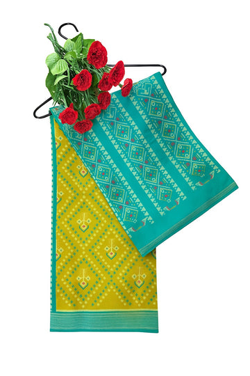Ficuster Handwoven Ikat Silk Saree – Mustard Yellow with Turquoise Blue Border