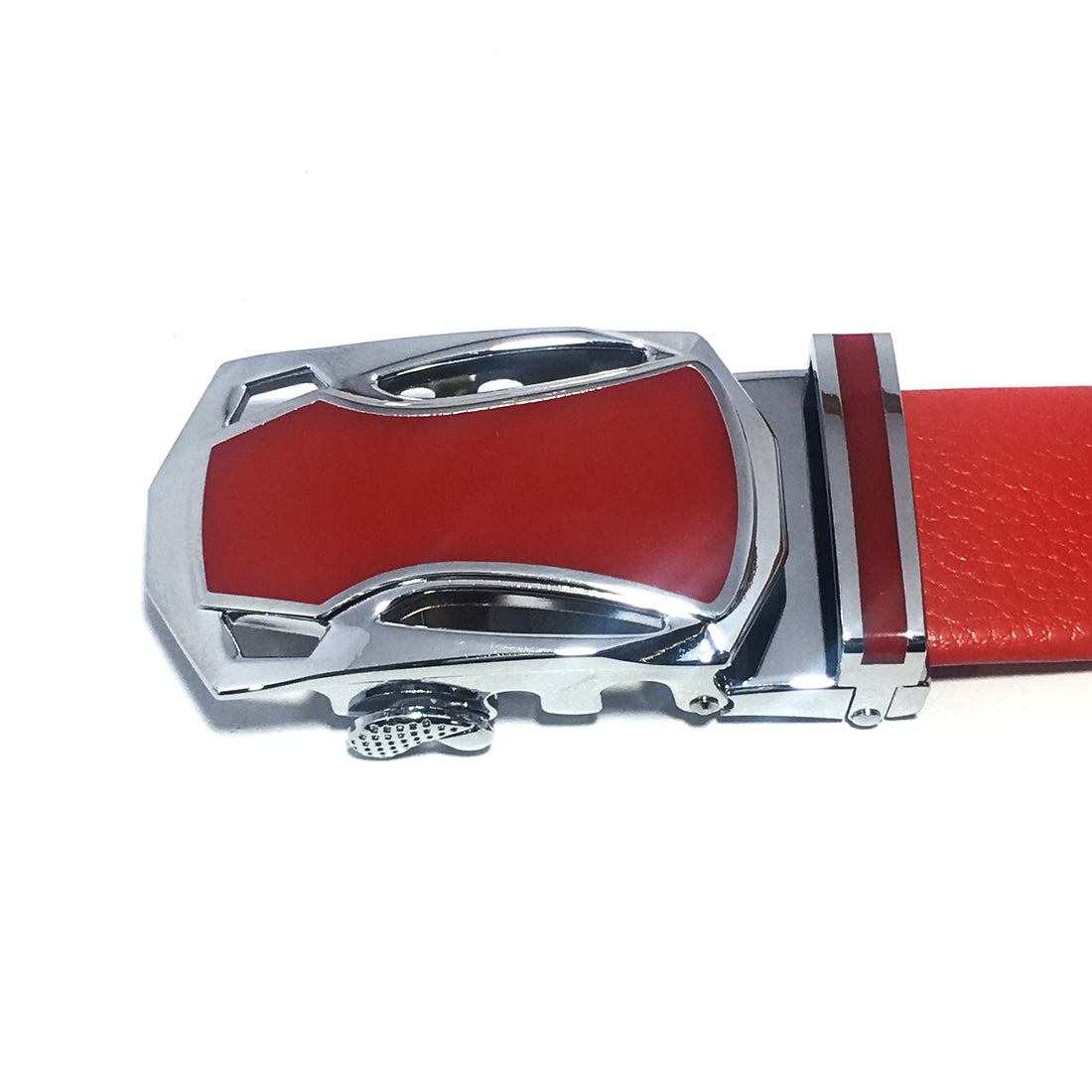 Ficuster Men Auto Grip Metal Buckle Red Vegan Leather Belt