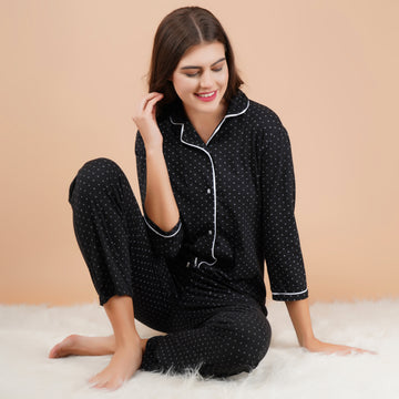 Ficuster Women Black Printed 3/4th Sleeve Night Suit (No Pocket Top Wear)