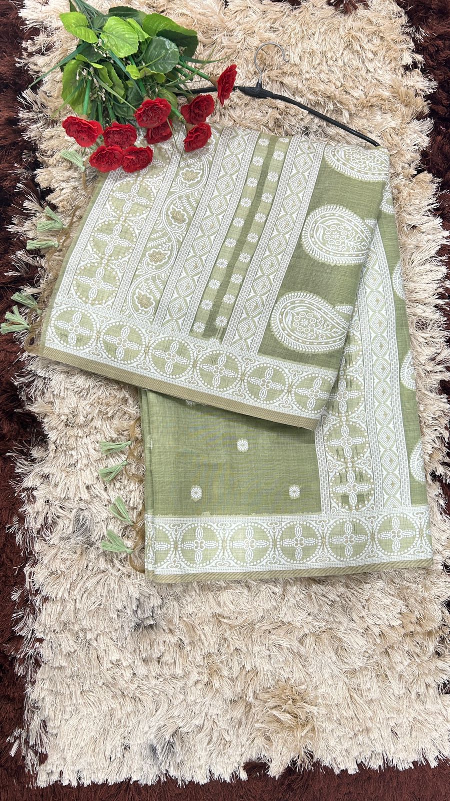 Ficuster Elegant Olive Green Linen Saree with White & Golden Weave
