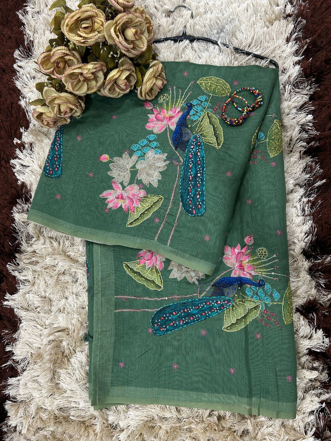 Ficuster Green Soft Organza Saree with Hand Embroidered Floral Applique and Sequin Work