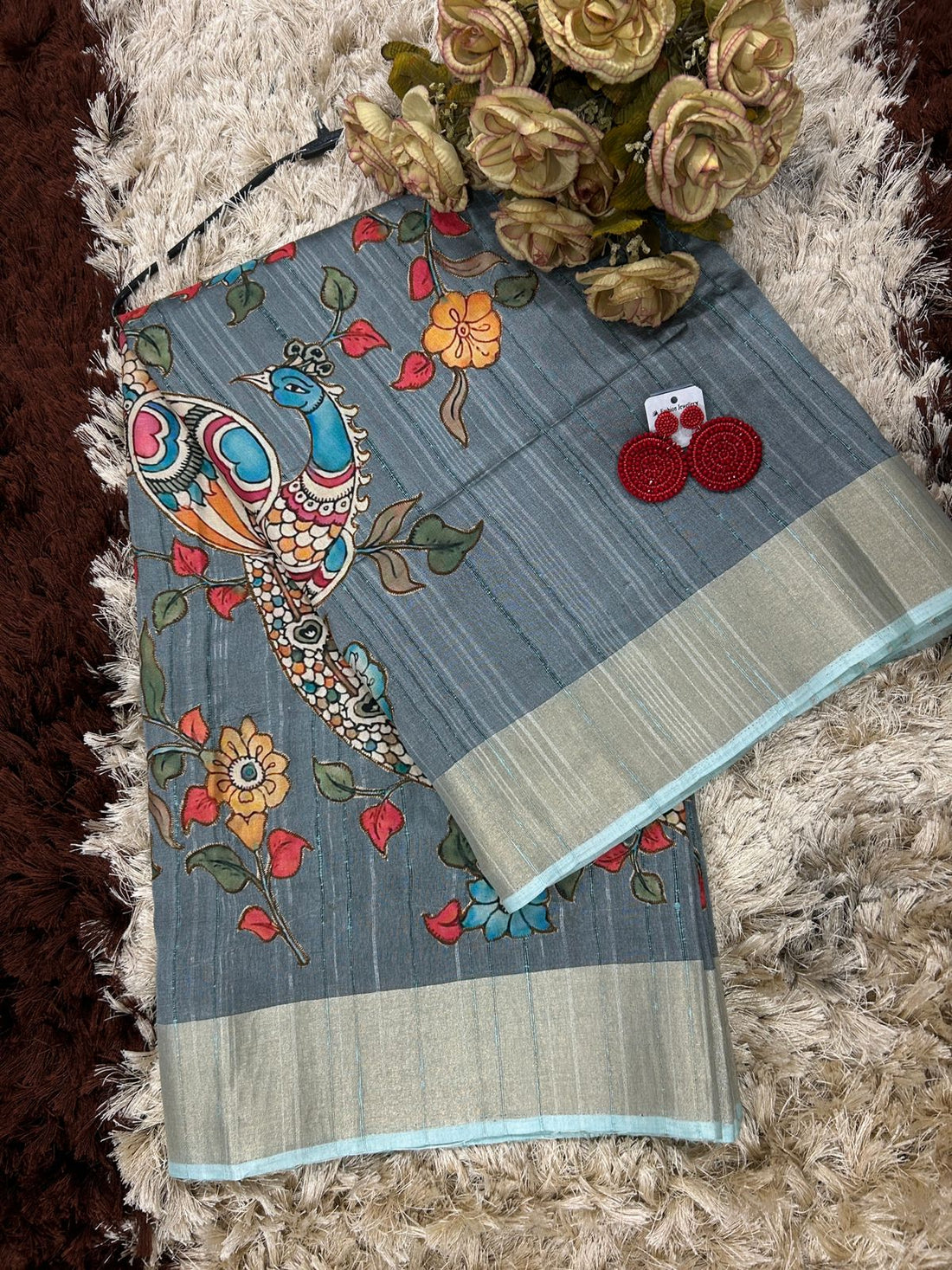 Ficuster Premium Tussar Silk Fabric with Handcrafted Floral Applique & Zari Detailing