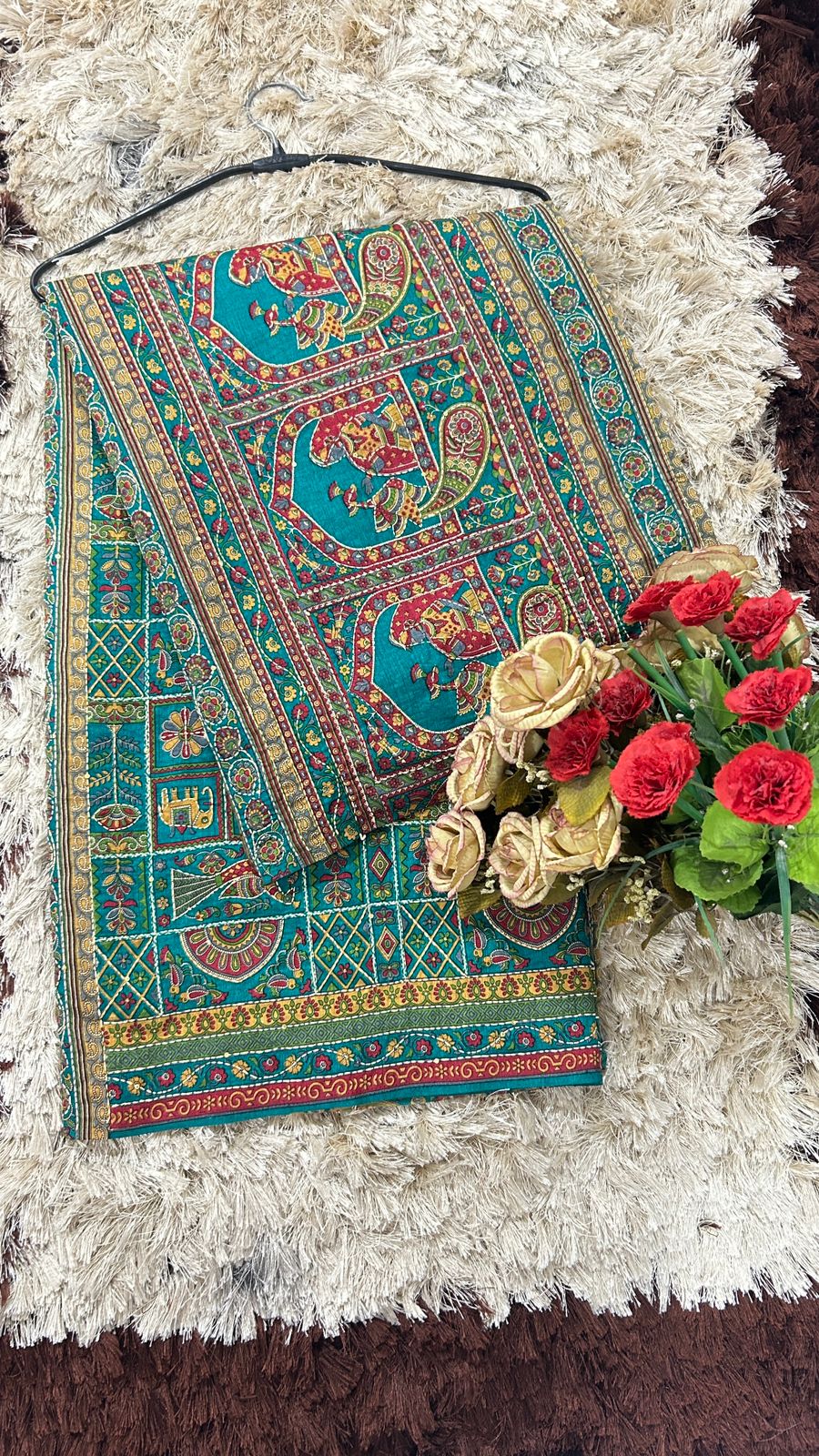 Ficuster Dupion Silk Fabric with Handcrafted Nakshi Kantha Work & Traditional Paisley Motifs