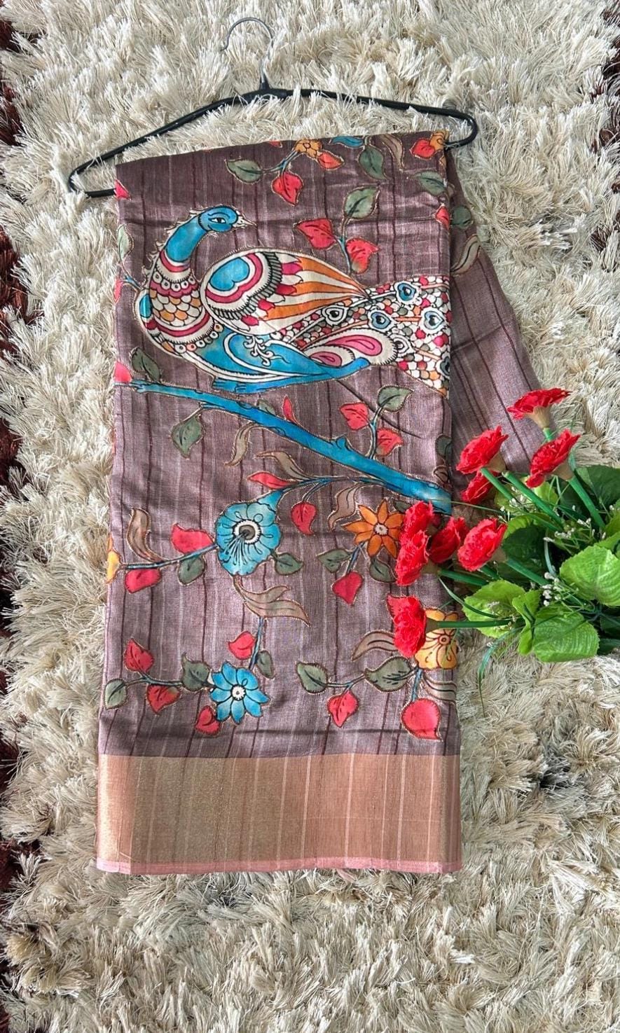 Ficuster Premium Tussar Silk Fabric with Handcrafted Floral Applique & Zari Detailing