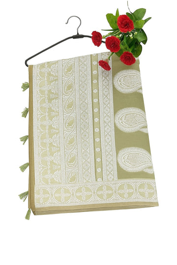 Ficuster Elegant Olive Green Linen Saree with White & Golden Weave