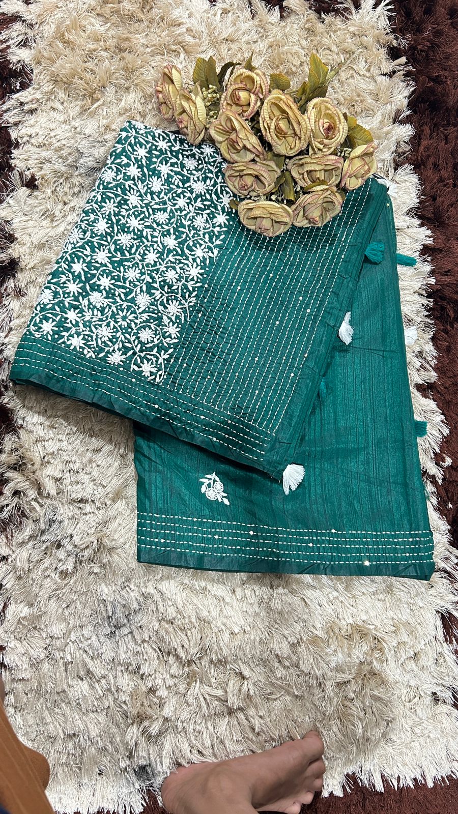 Ficuster Premium Tussar Silk Fabric with Handcrafted Floral Applique & Zari Detailing