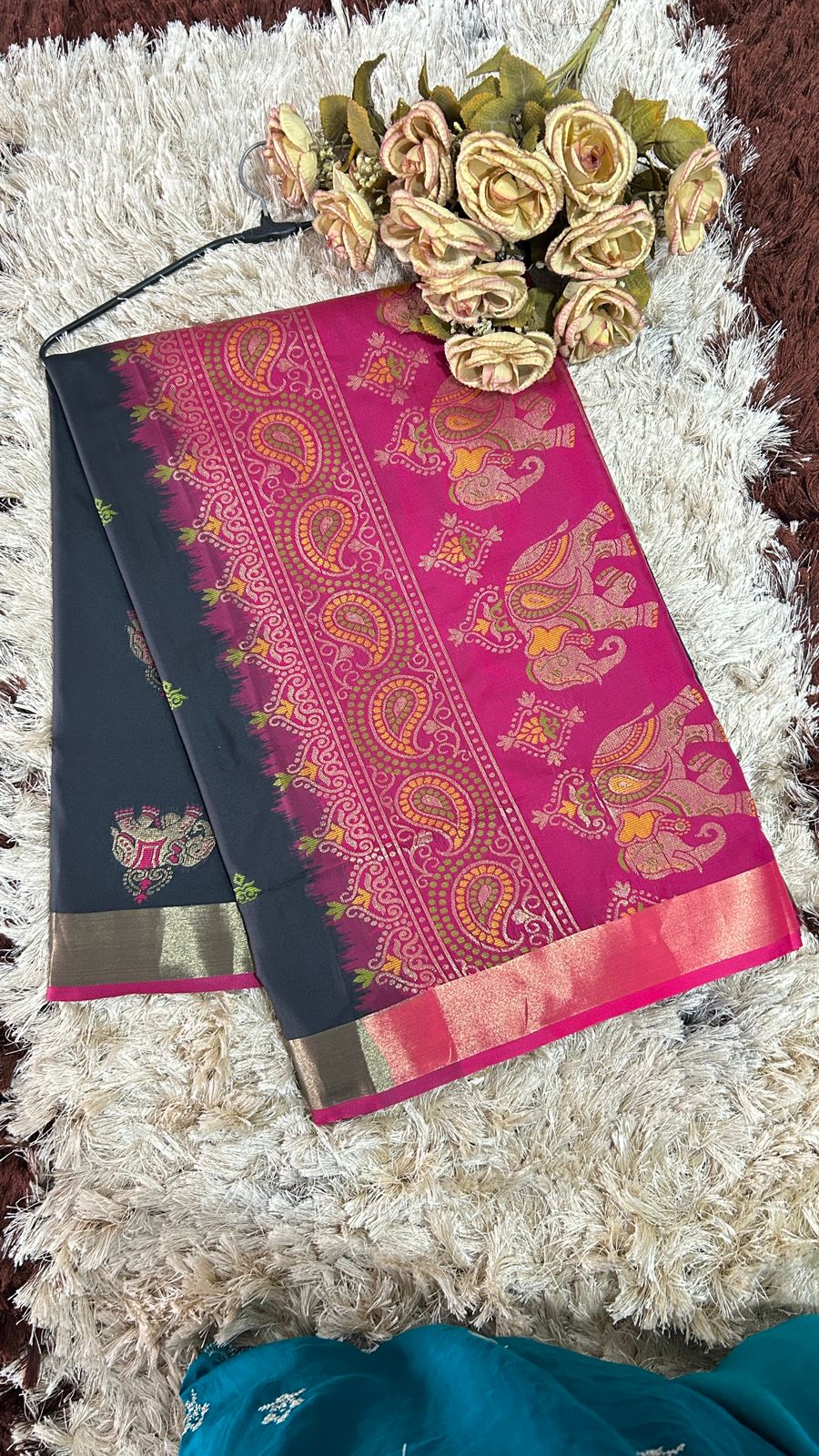 Ficuster Black Silk Saree with Rich Magenta Border & Golden Elephant Motifs