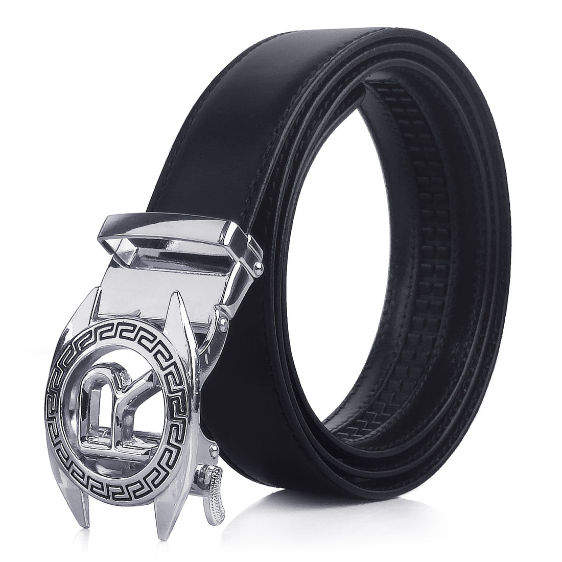 Ficuster Men Autogrip Metal Buckle Black Textured R Letter Genuine Leather Belt