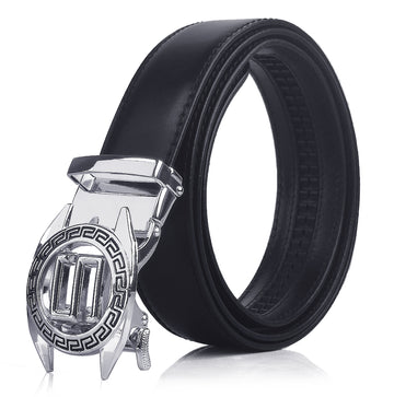 Ficuster Men Autogrip Metal Buckle Black Textured S Letter Genuine Leather Belt