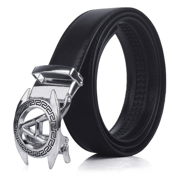 Ficuster Men Autogrip Metal Buckle Black Textured A Letter Genuine Leather Belt