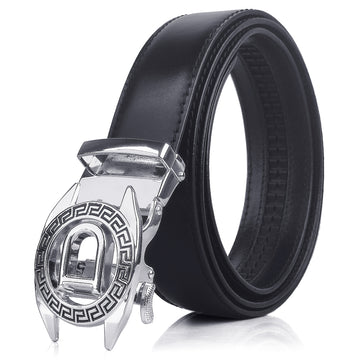 Ficuster Men Autogrip Metal Buckle Black Textured D Letter Genuine Leather Belt