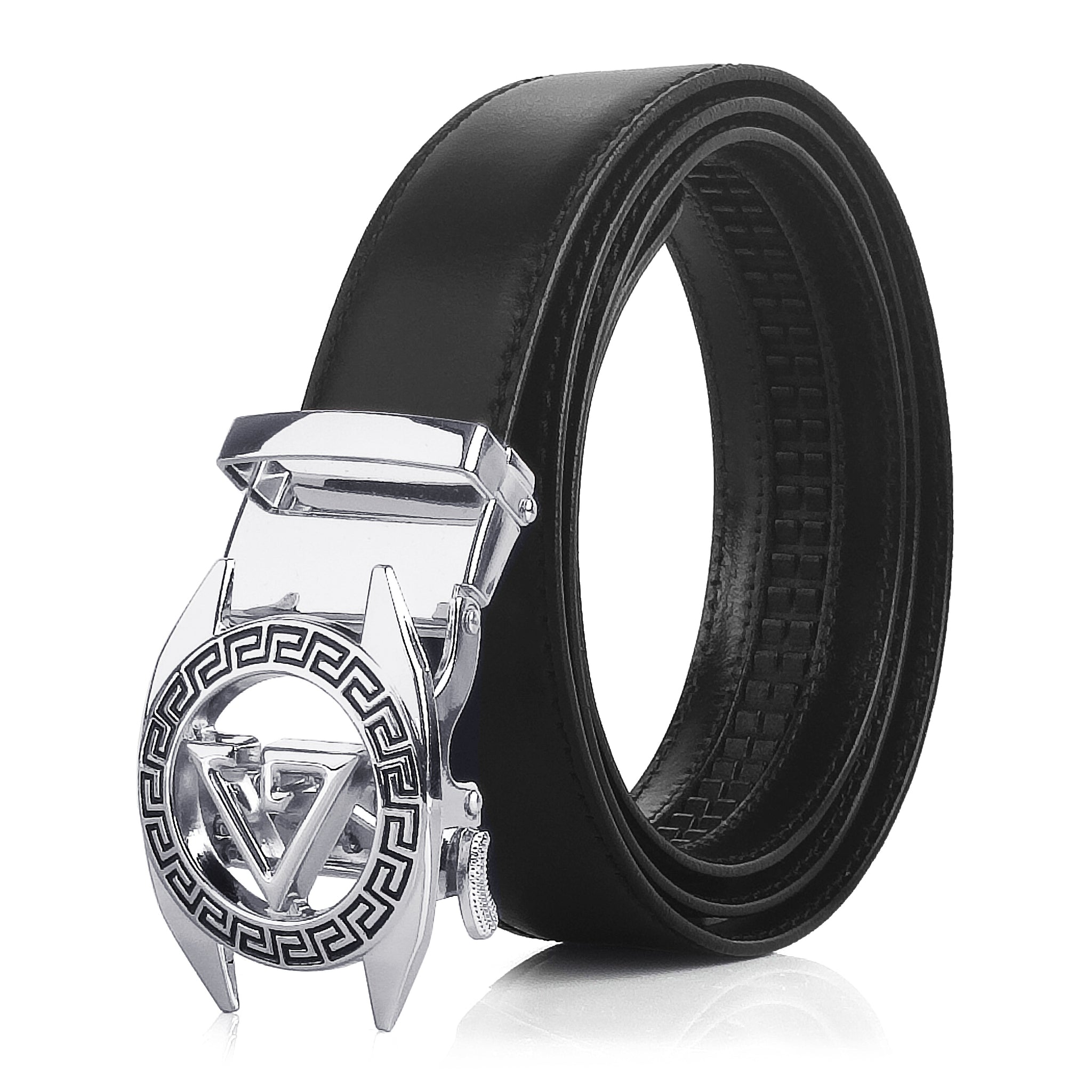 Ficuster Men Autogrip Metal Buckle Black Textured G Letter Genuine Leather Belt