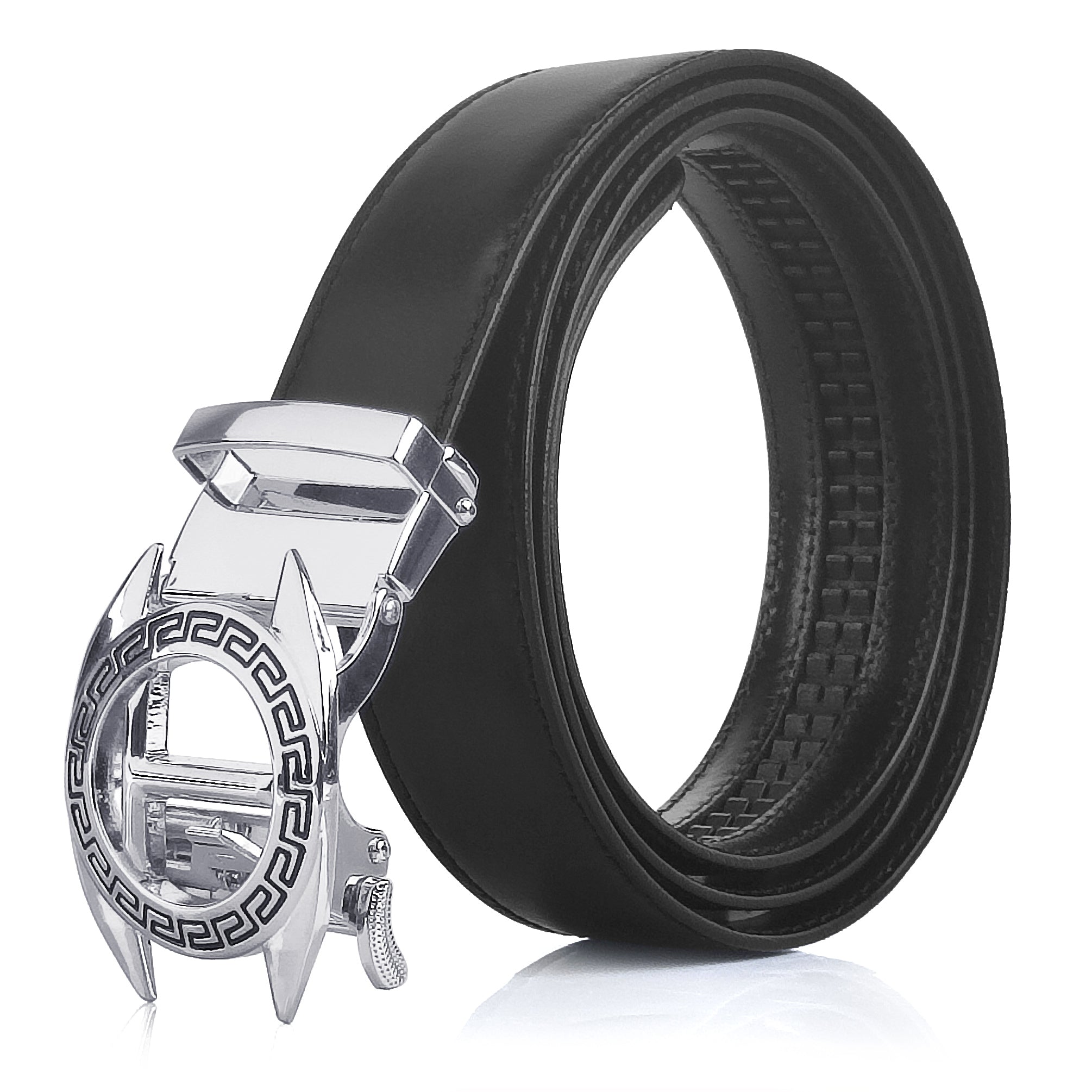 Ficuster Men Autogrip Metal Buckle Black Textured T Letter Genuine Leather Belt