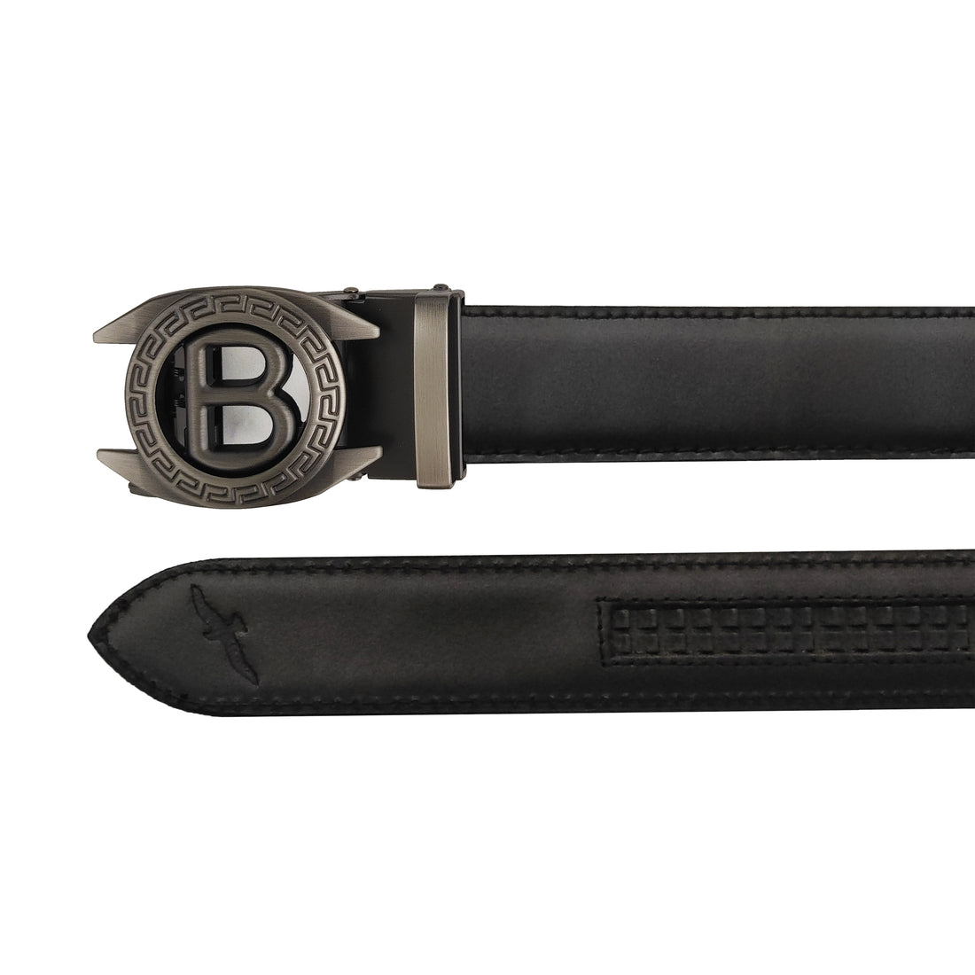 Ficuster Men Autogrip Metal Buckle Black Textured B Letter Genuine Leather Belt
