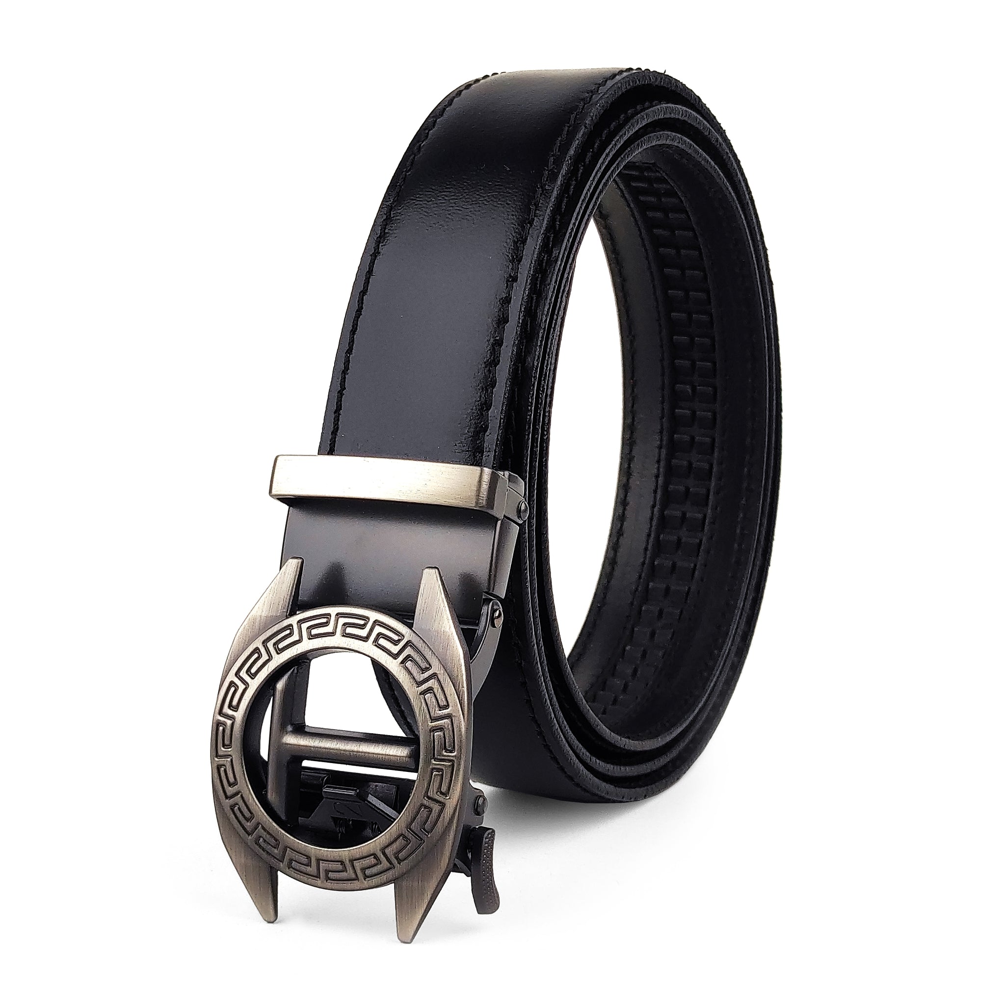 Ficuster Men Autogrip Metal Buckle Black Textured T Letter Genuine Leather Belt