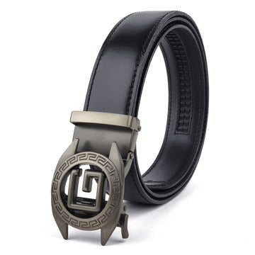 Ficuster Men Autogrip Metal Buckle Black Textured G Letter Genuine Leather Belt