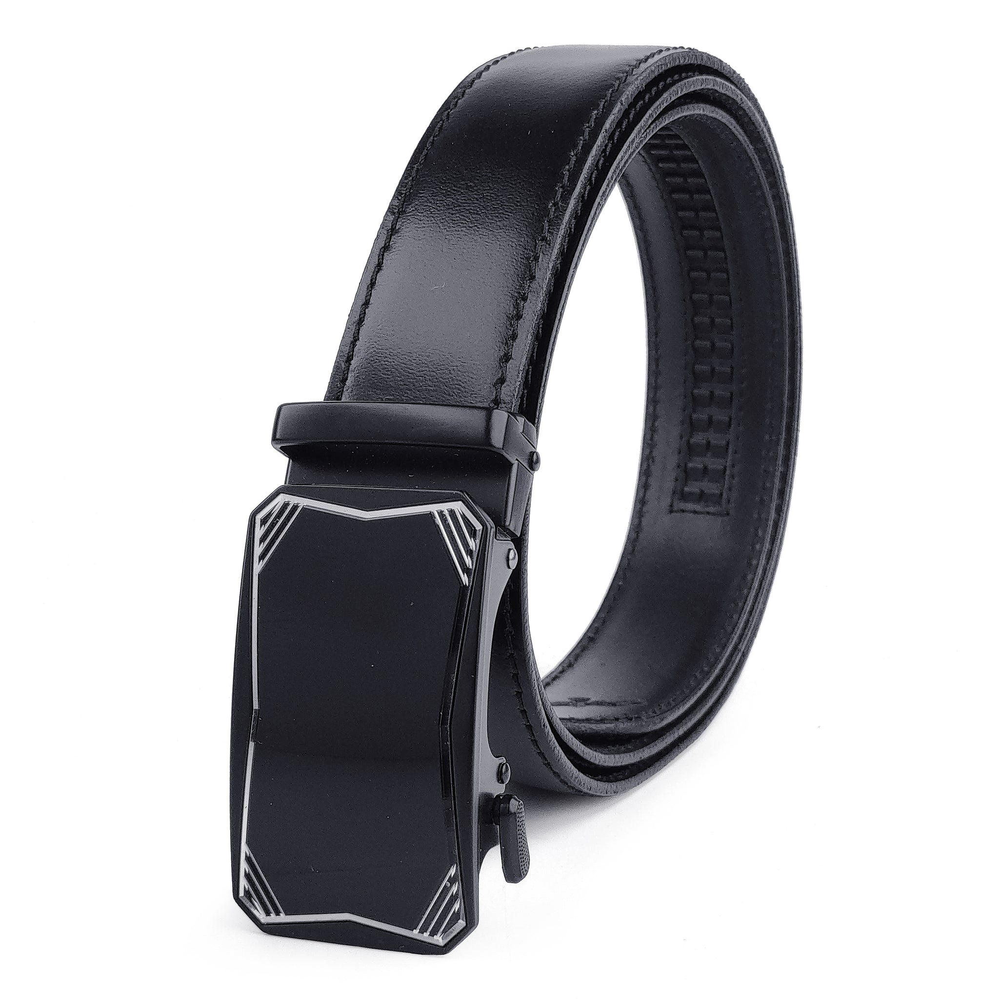 Ficuster Men Autolock Metal Buckle Black Matte Finish Textured Genuine Leather Belt