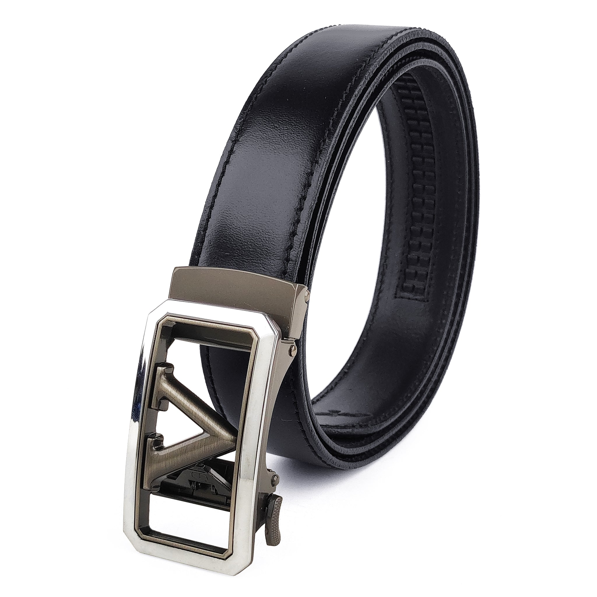 Ficuster Men Autogrip Metal Buckle Black Textured V Letter Genuine  Leather Belt