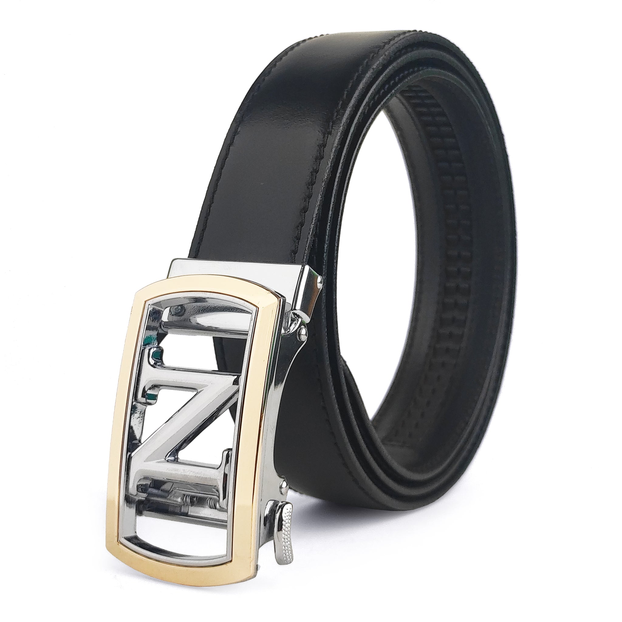 Ficuster Men Autogrip Metal Buckle Black Textured N Letter Genuine  Leather Belt