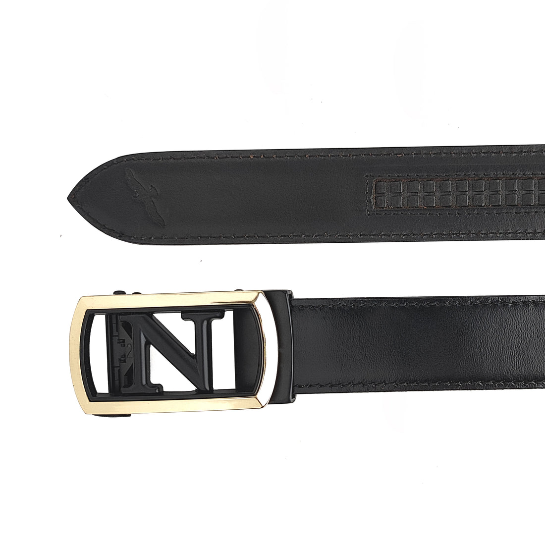 Ficuster Men Autogrip Metal Buckle Black Textured N Letter Genuine  Leather Belt