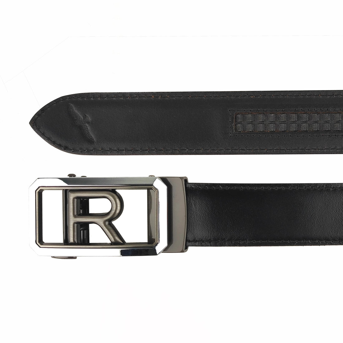 Ficuster Men Autogrip Metal Buckle Black Textured R Letter Genuine  Leather Belt