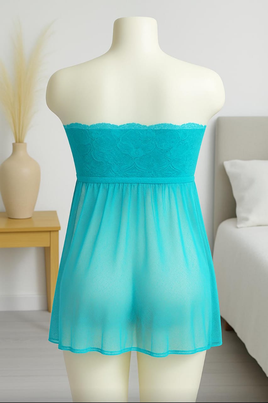 PincRose Sky Blue Off Shoulder Lacy Babydoll Nightwear
