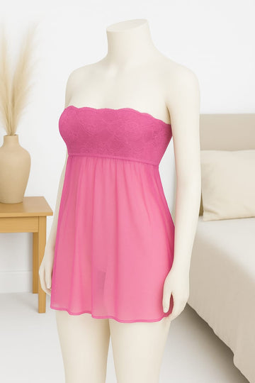 Ficuster Pink Off Shoulder Lacy Babydoll Nightwear