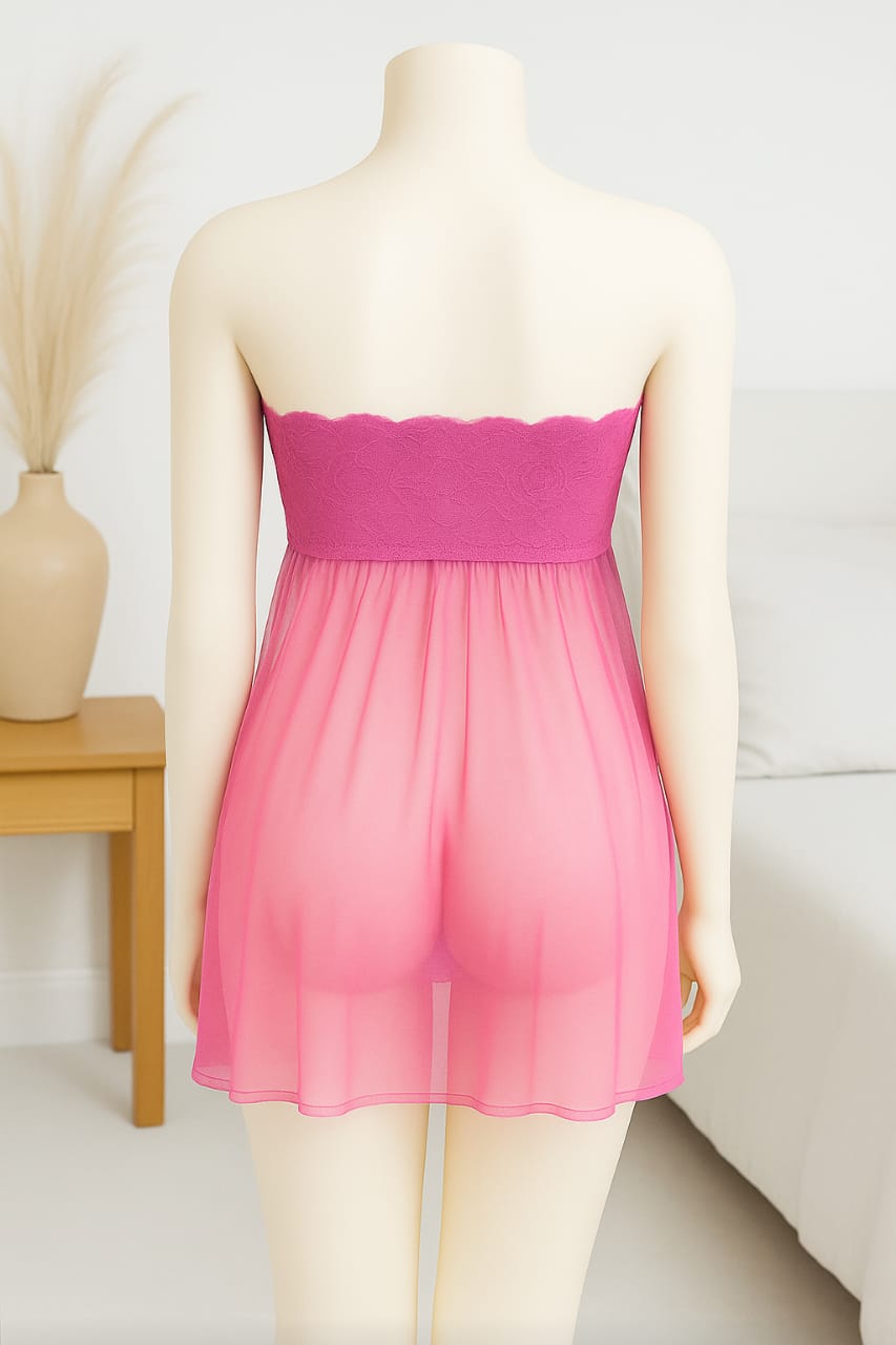 Ficuster Pink Off Shoulder Lacy Babydoll Nightwear