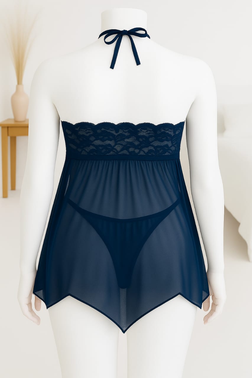 Ficuster Halter Neck Navy Blue Floral Lace Babydoll Nightwear