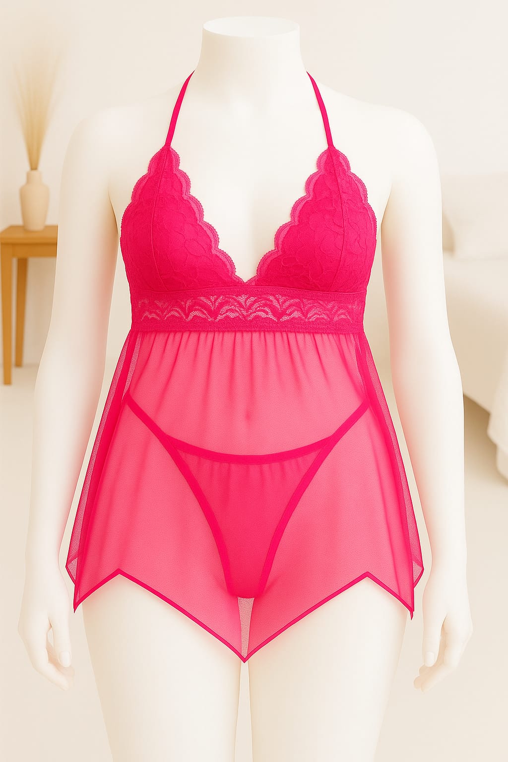 Ficuster Halter Neck Pink Lacy Babydoll Nightwear