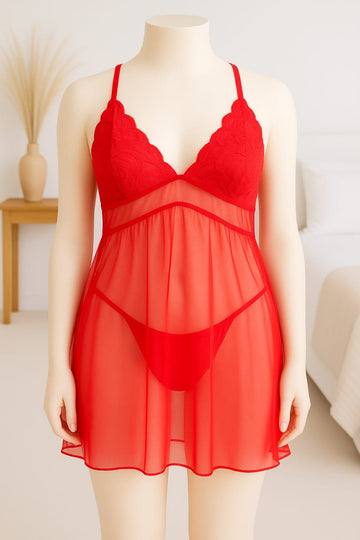 Ficuster Red V-Neck Front Slit Lacy Babydoll Nightwear