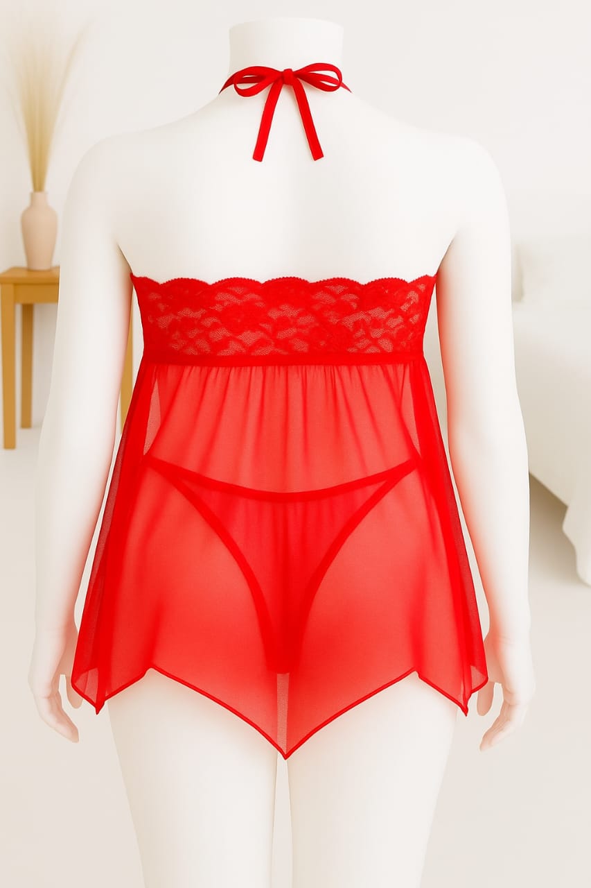 Ficuster Halter Neck Red Floral Lace Babydoll Nightwear