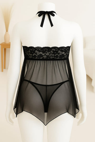 Ficuster Halter Neck Black Floral Lace Babydoll Nightwear